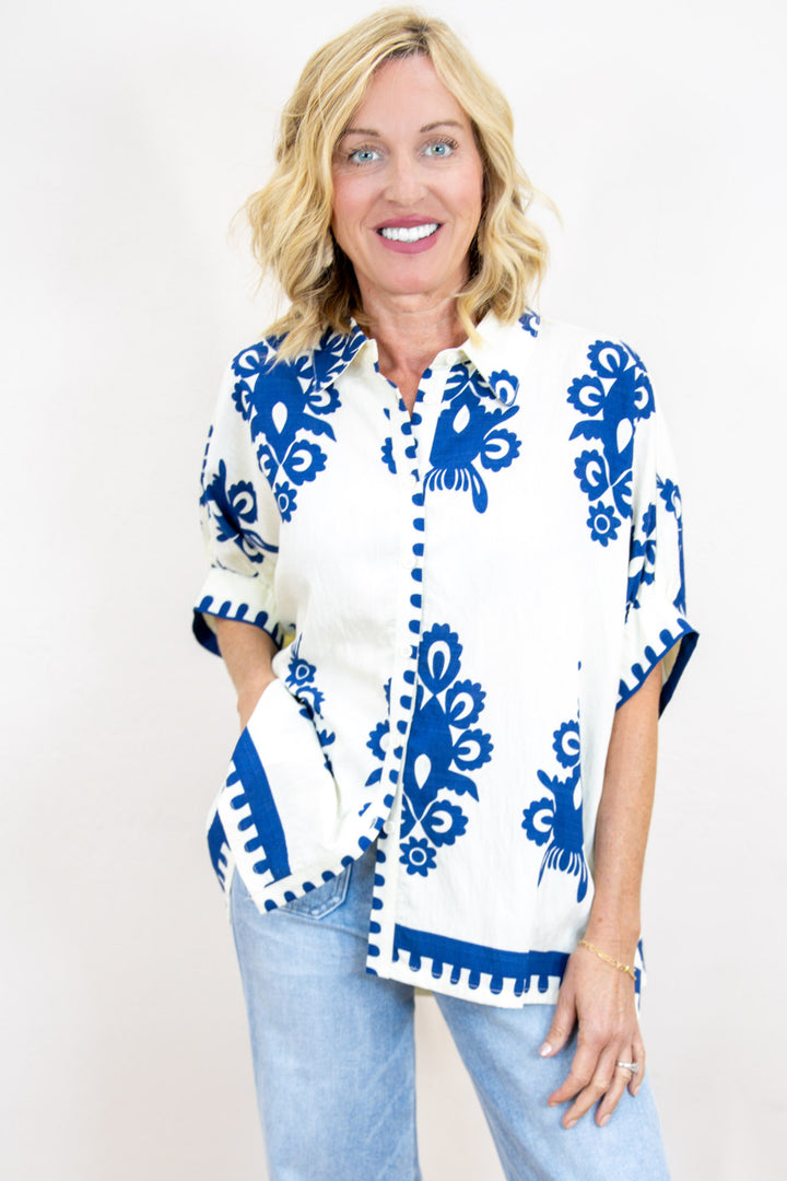 Let's Go Places Abstract Print Top