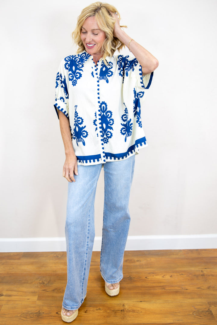 Let's Go Places Abstract Print Top