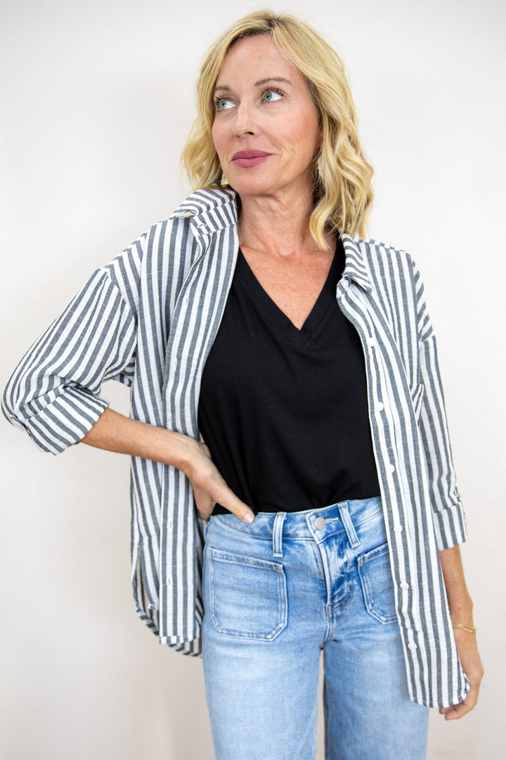 City Stripe Roll-Tab Stripe Blouse