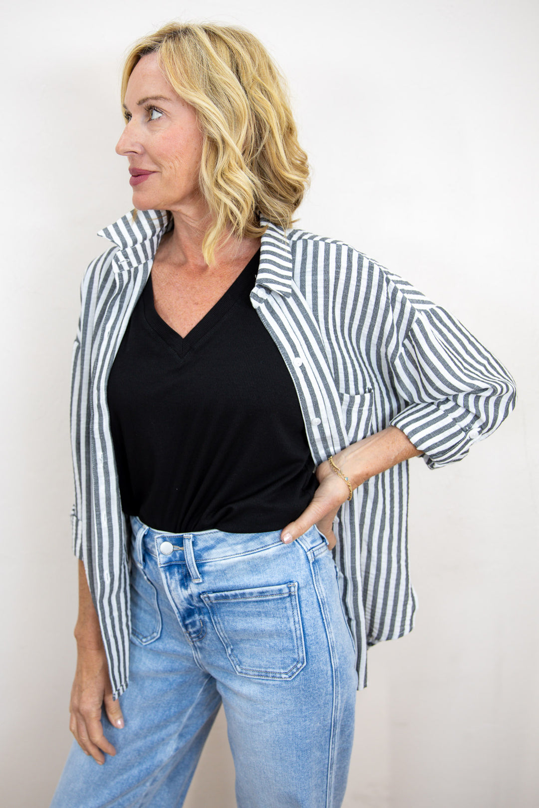 City Stripe Roll-Tab Stripe Blouse