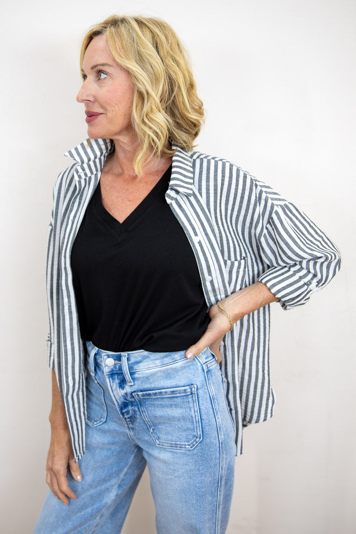 City Stripe Roll-Tab Stripe Blouse