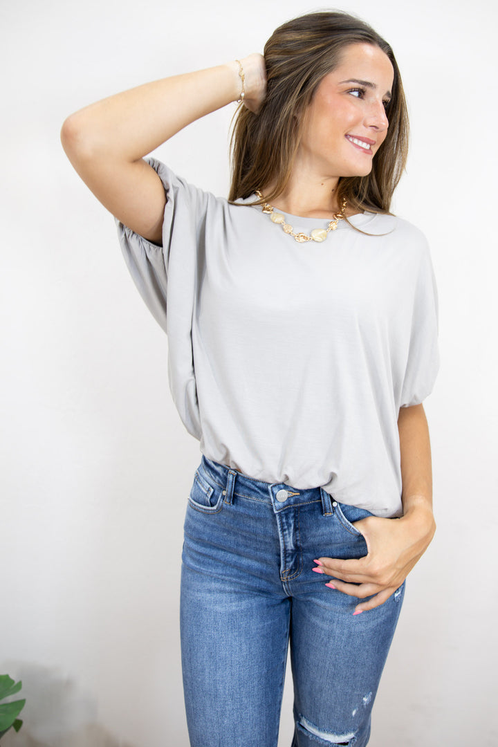 Grey Bamboo Bubble Sleeve Knit Top