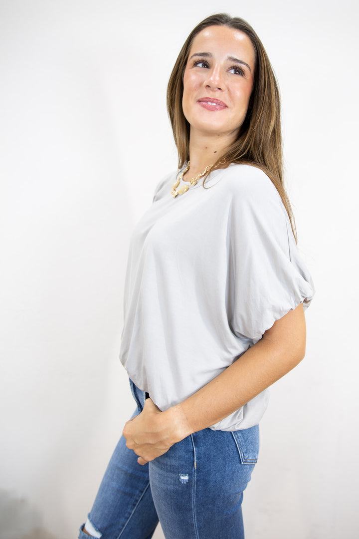 Grey Bamboo Bubble Sleeve Knit Top