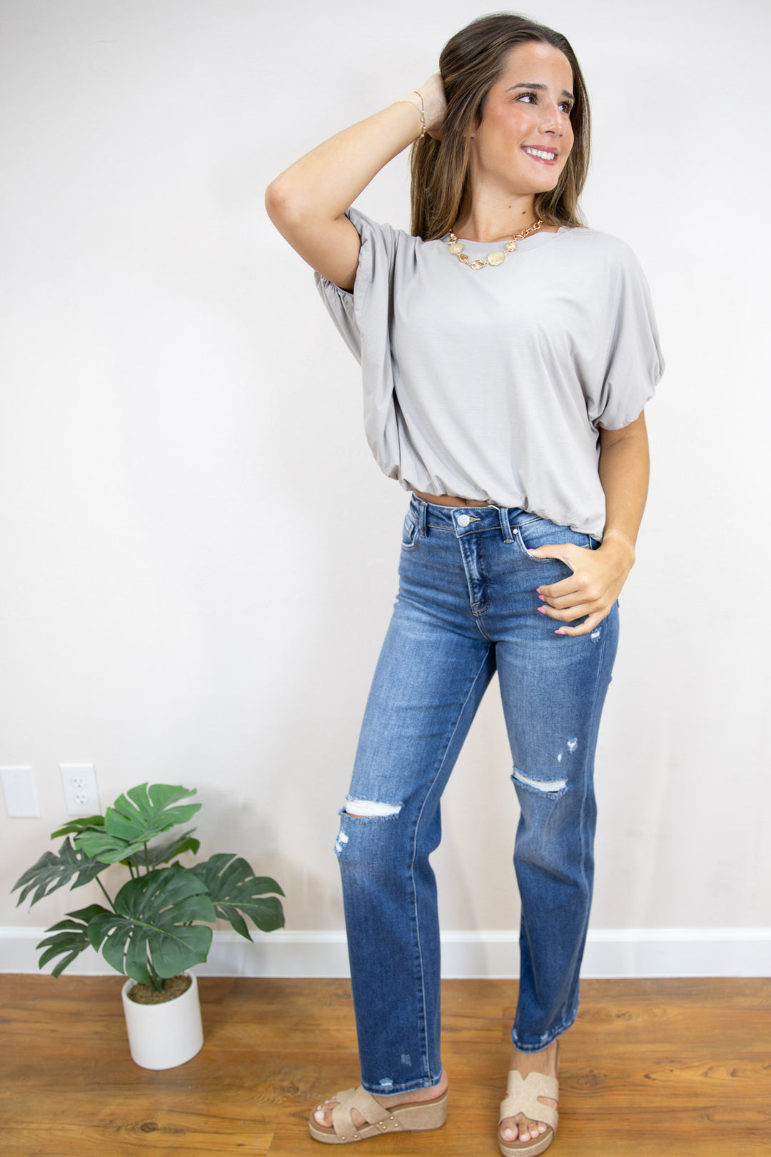 Grey Bamboo Bubble Sleeve Knit Top