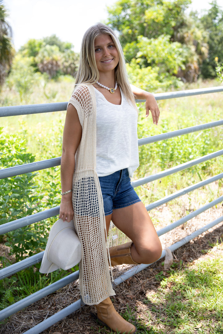 Open Weave Knit Sleeveless Front Tie Cardigan