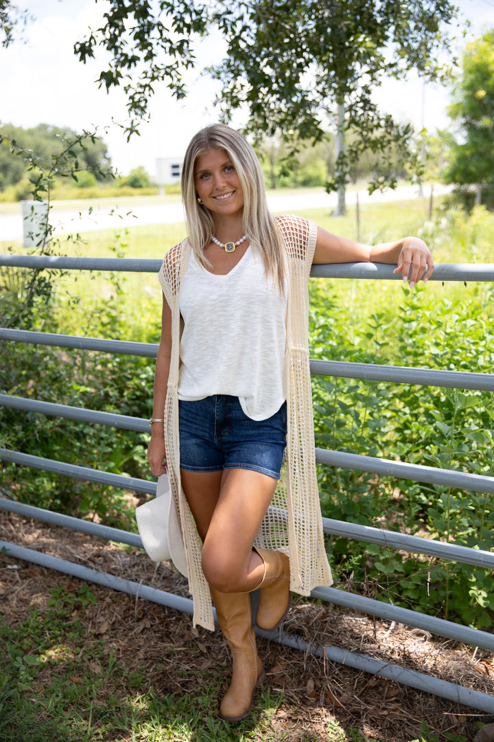Open Weave Knit Sleeveless Front Tie Cardigan