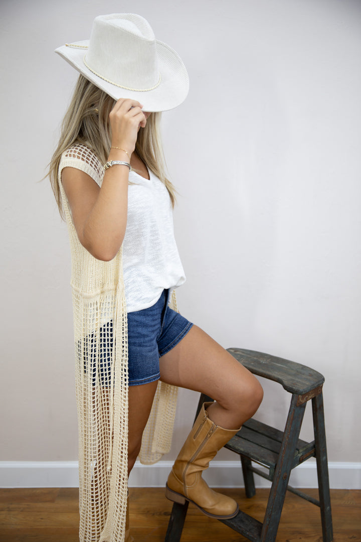 Open Weave Knit Sleeveless Front Tie Cardigan
