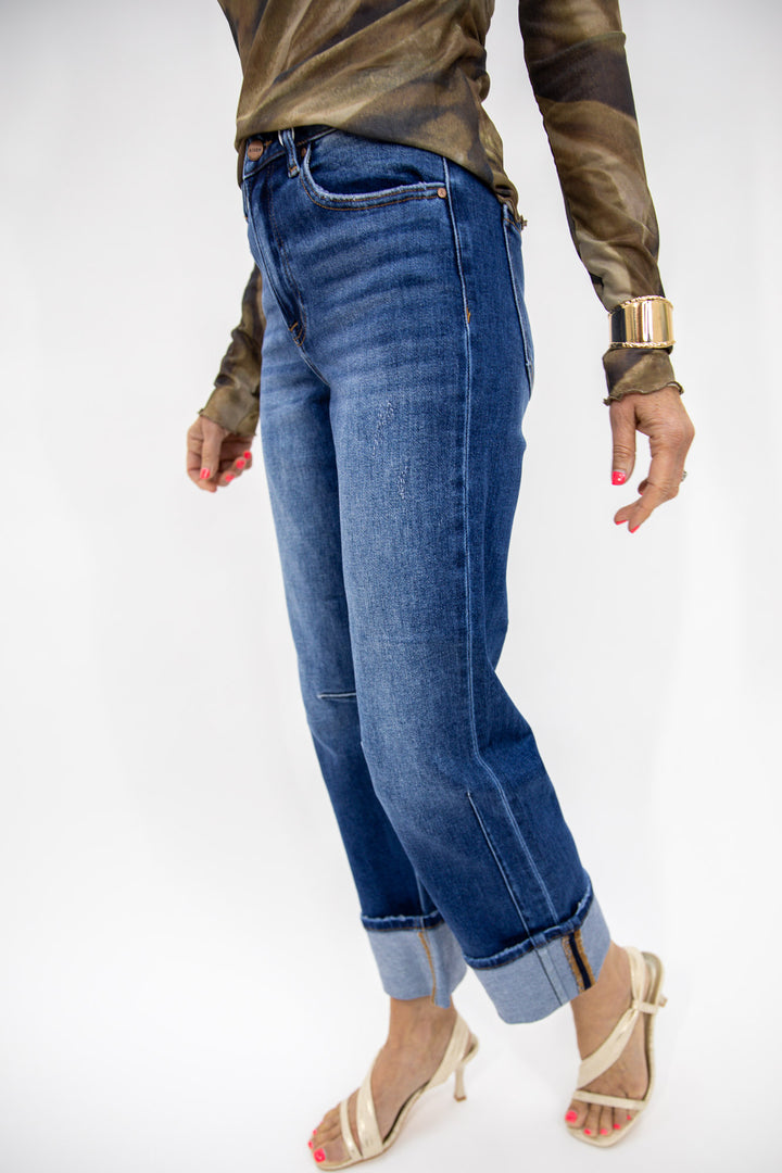 Risen High Rise Cuffed Straight Jeans