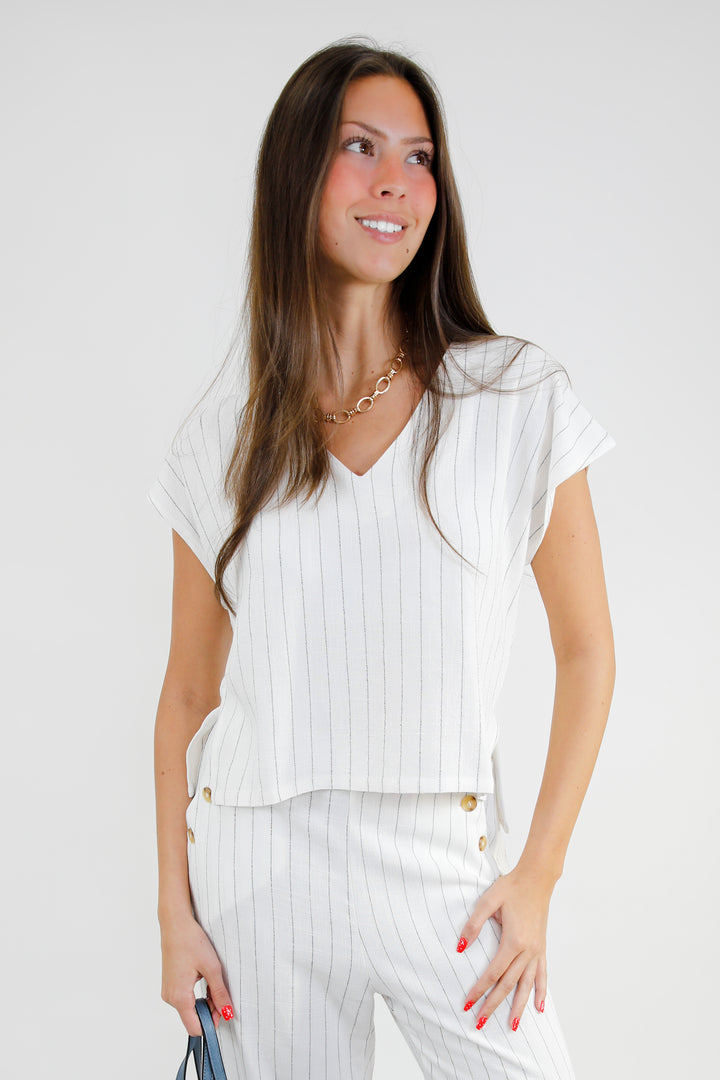 Pinstripe Linen Blend High Low V Neck Top