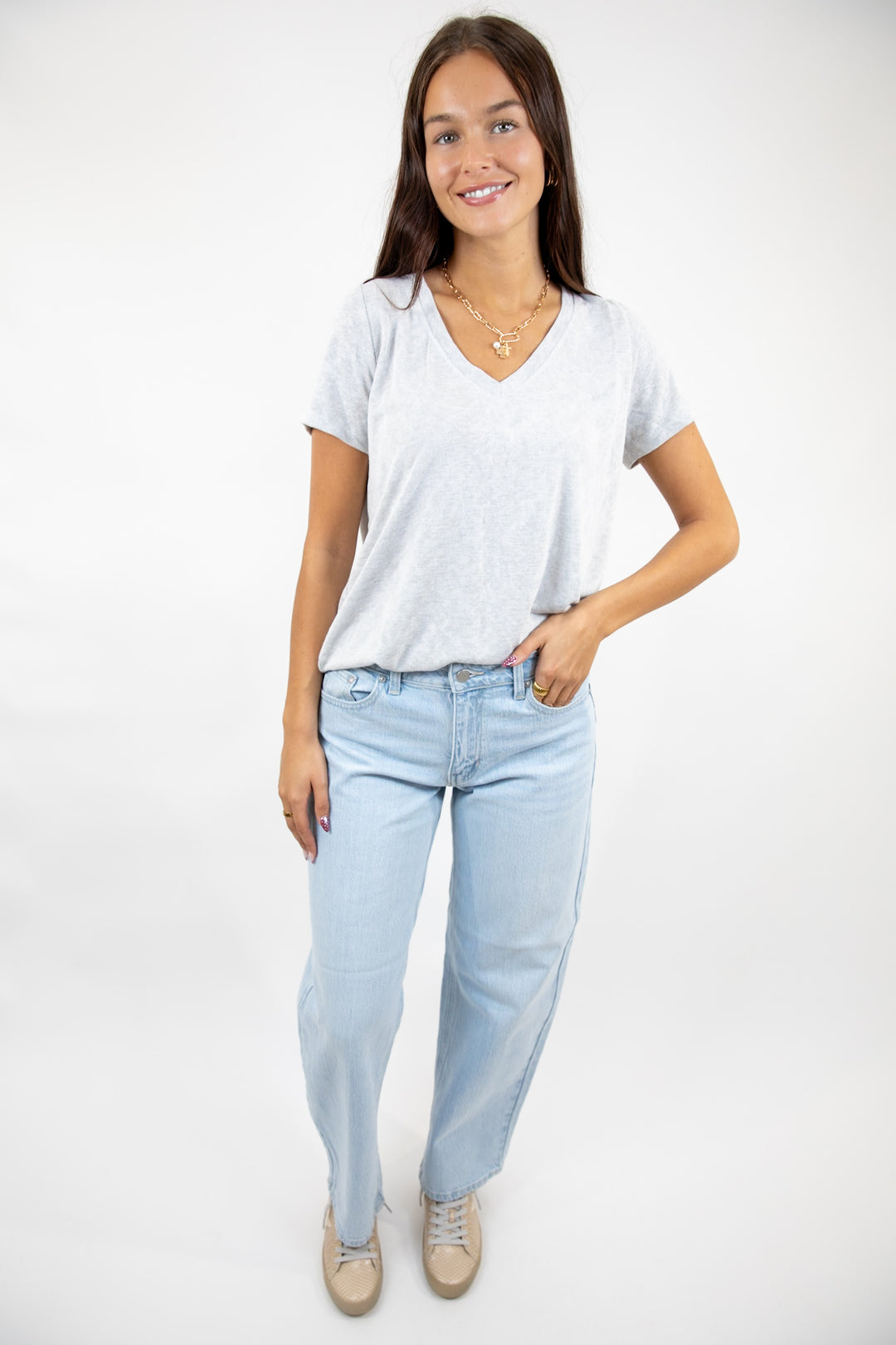 Everyday Hacci V Neck Tee Taupe Grey