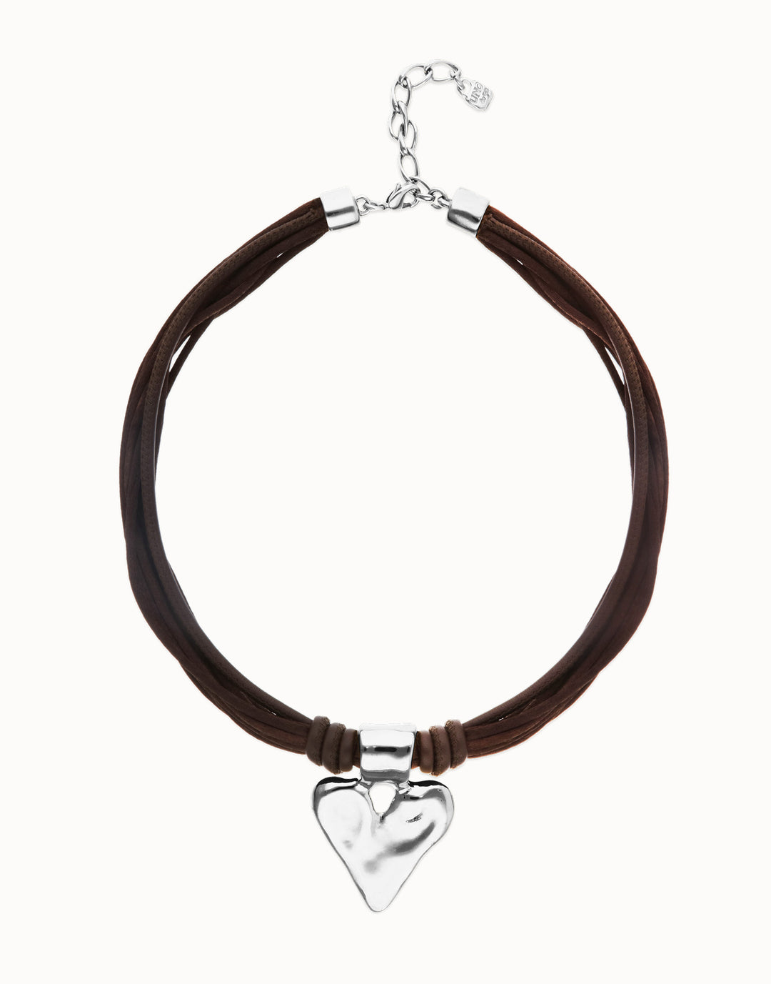 Brown Leather and Silk Thread Necklace with Heart Detail