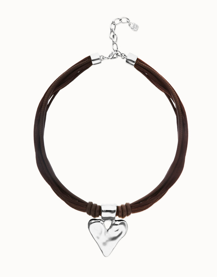 Brown Leather and Silk Thread Necklace with Heart Detail