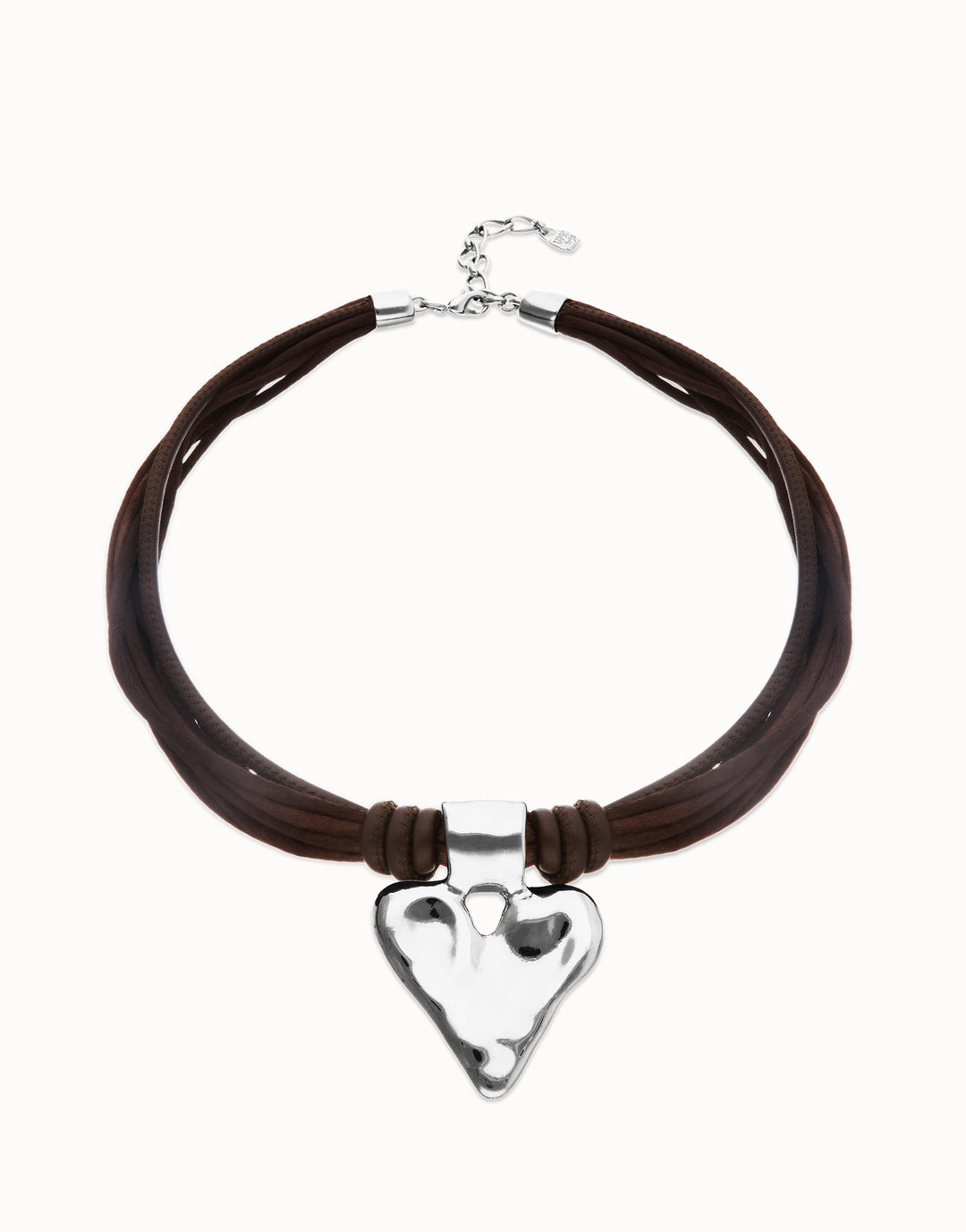 Brown Leather and Silk Thread Necklace with Heart Detail