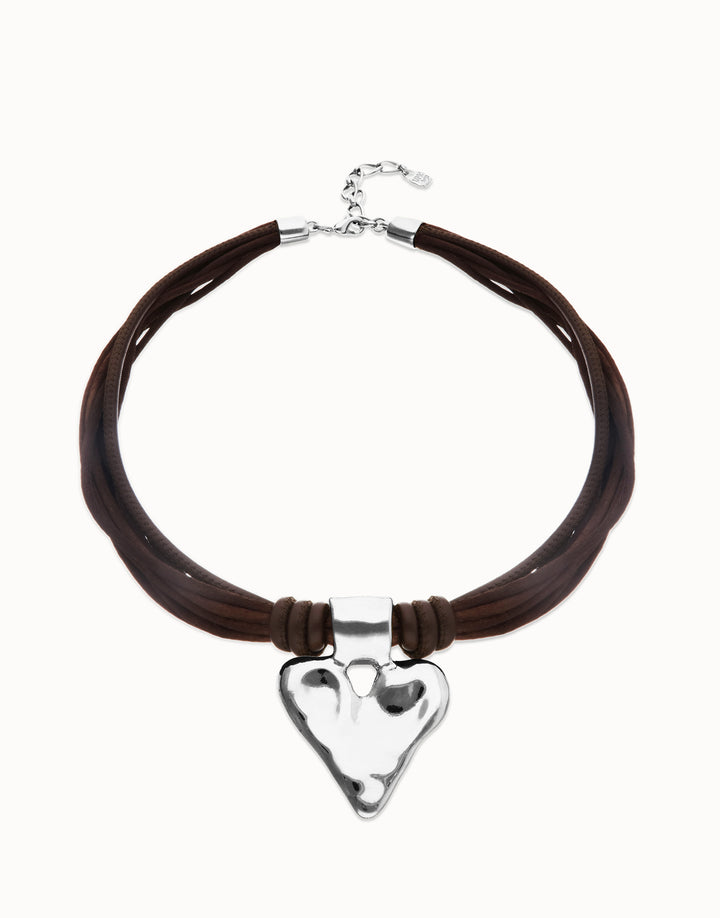 Brown Leather and Silk Thread Necklace with Heart Detail