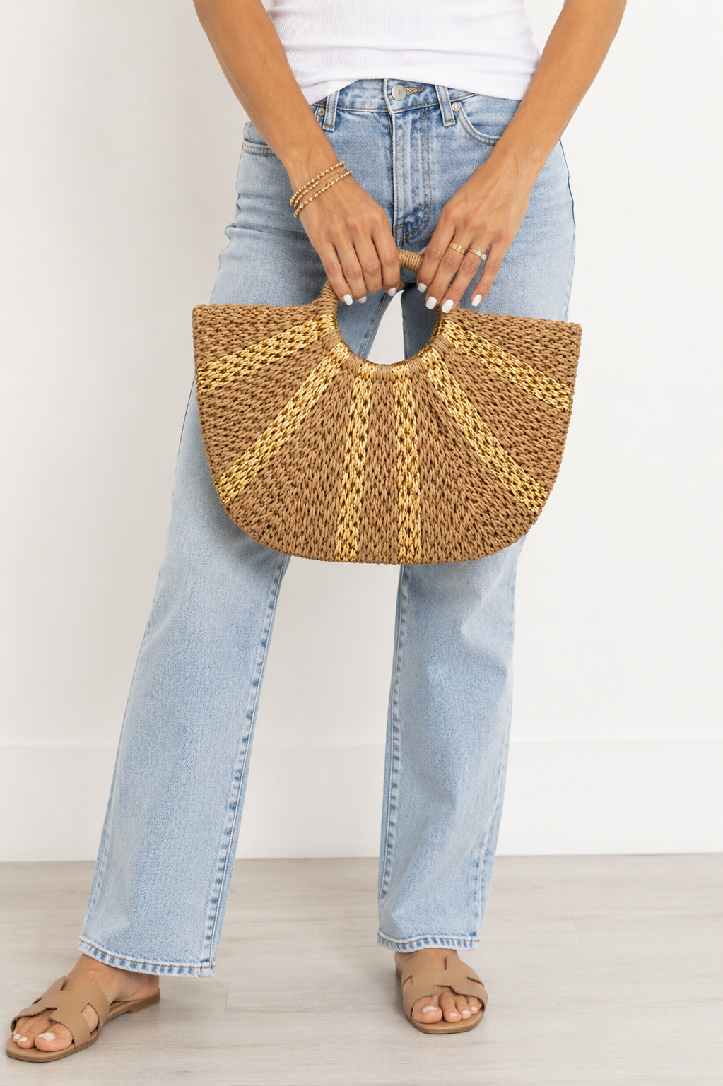 Multi Gold Line Straw Tote