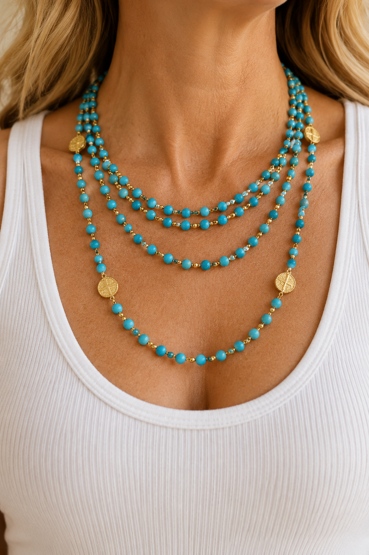 4 Layered Stone & Textured Disk Necklace