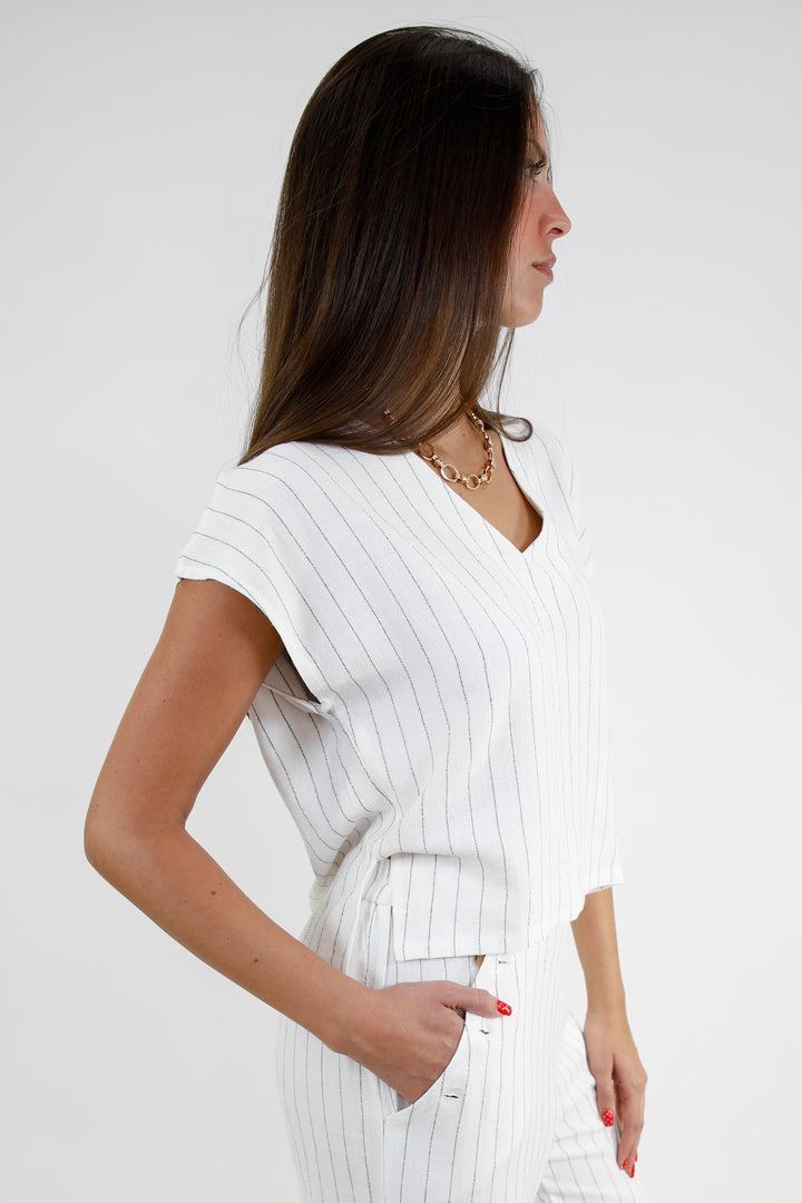 Pinstripe Linen Blend High Low V Neck Top