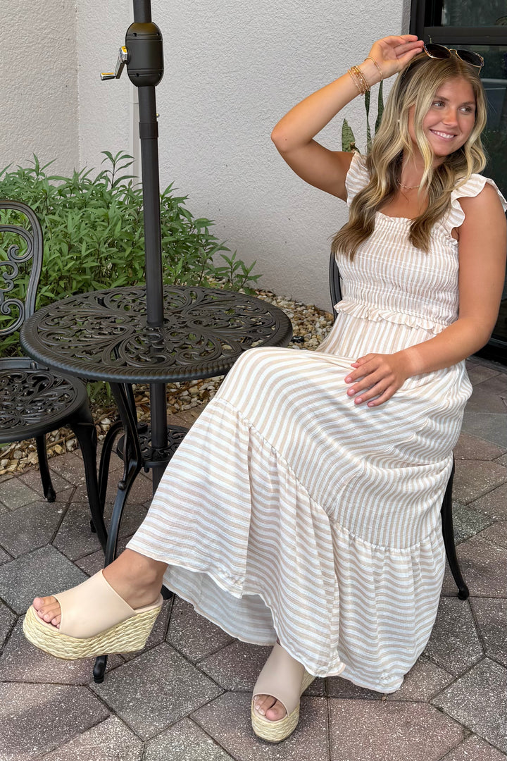 Light Khaki Smocked Midi Dress
