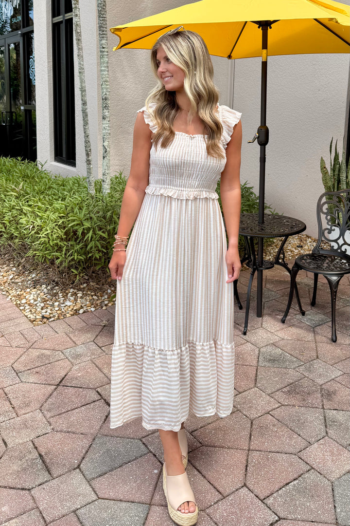 Light Khaki Smocked Midi Dress