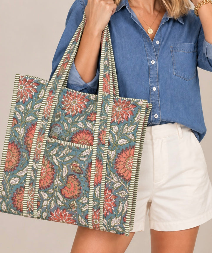 Teal Blossom Quilted Tote