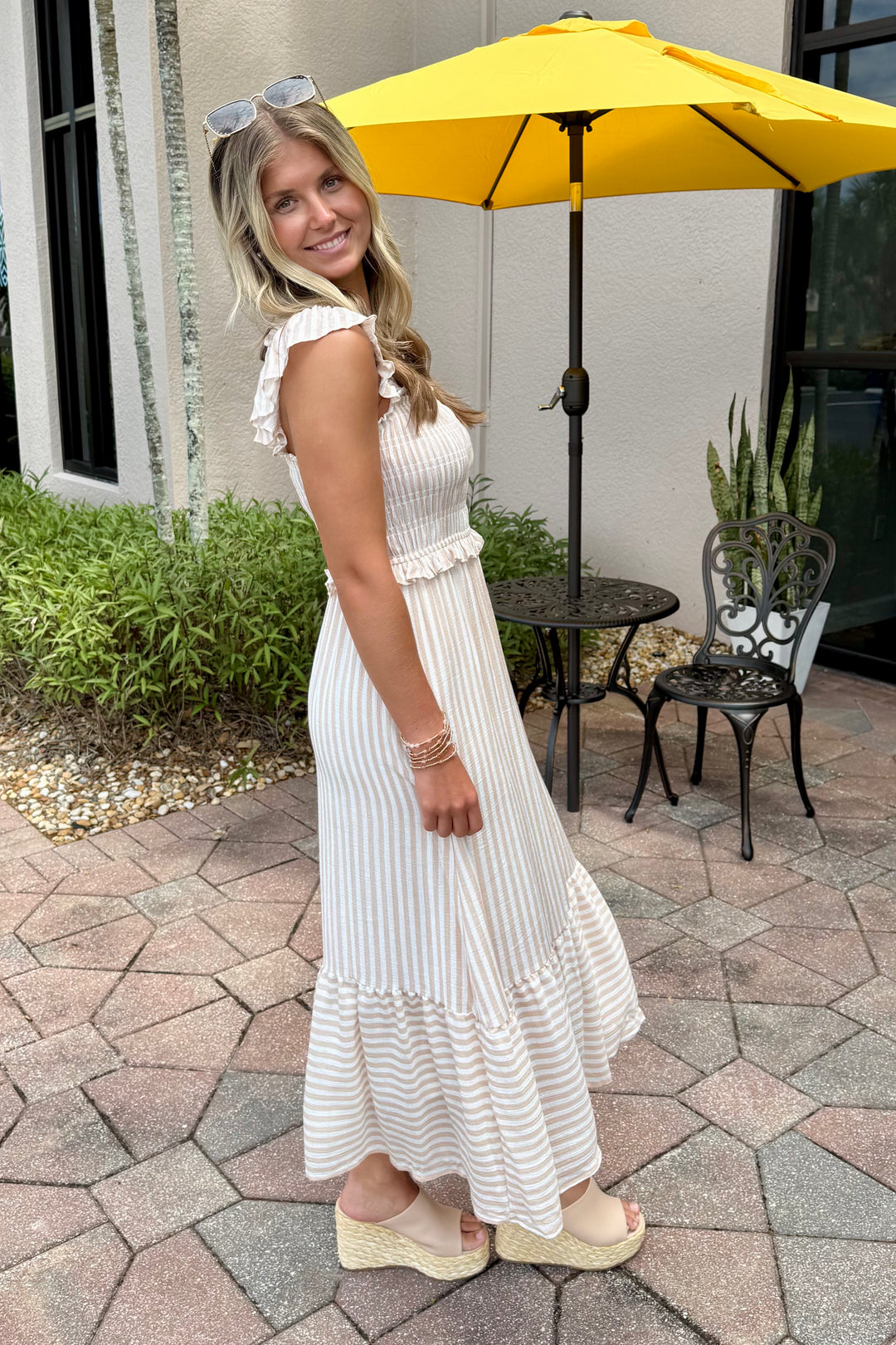 Light Khaki Smocked Midi Dress