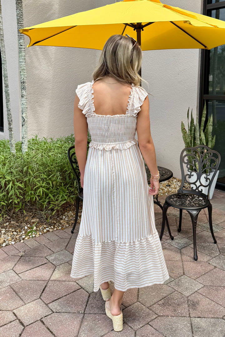 Light Khaki Smocked Midi Dress