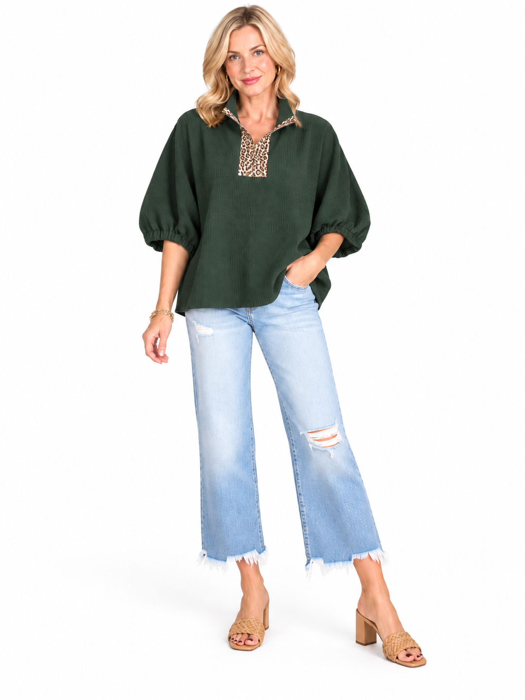Printed Trim Textured Blouse
