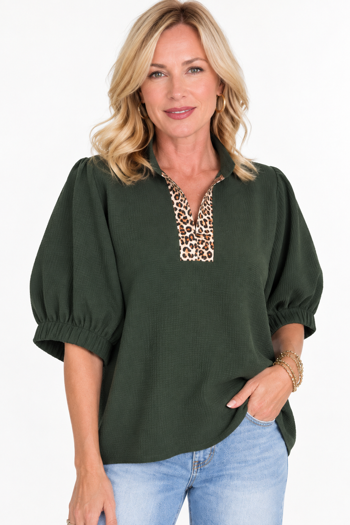 Printed Trim Textured Blouse