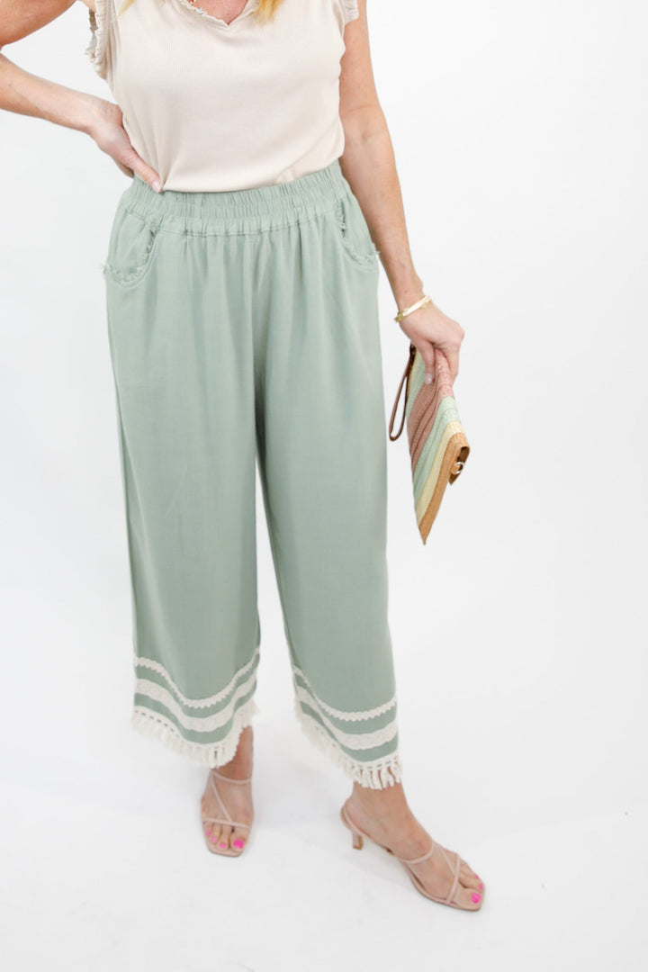 Lace Trim Fringe Hem Wide Leg Pants