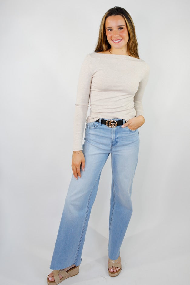 Just a Thought Wide Neck Long Sleeve Knit Blouse