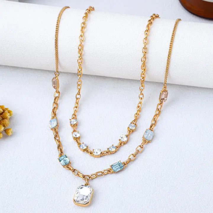 Pastel Layered Crystal Pendant Necklace Set