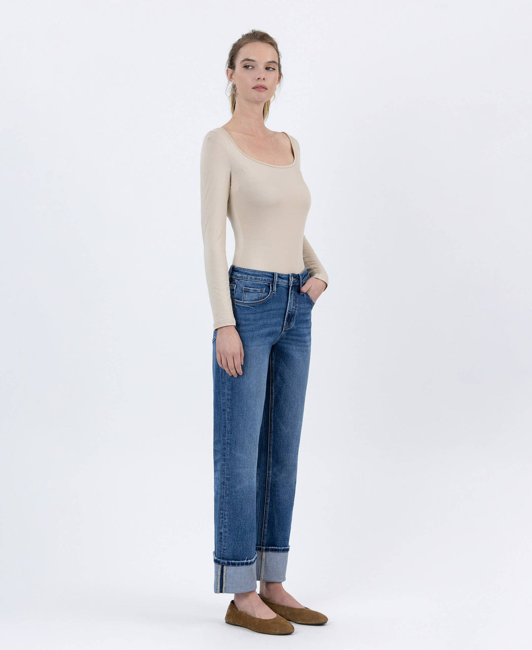 Veveret High Rise Cuffed Ankle Straight Denim