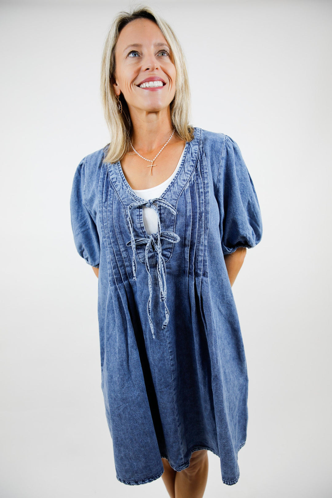 Pleated Charm Denim Mini Dress