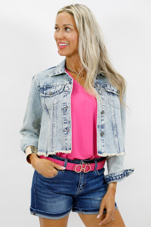 Find Your Sparkle Rhinestone Distressed Denim Jacket