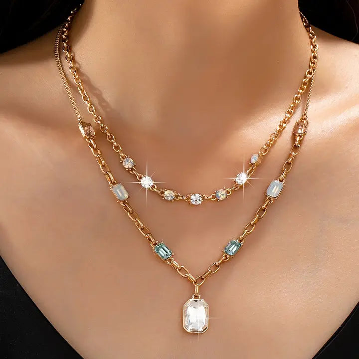 Pastel Layered Crystal Pendant Necklace Set