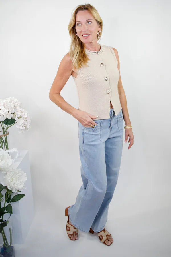 Sandwashed Button Knit Cardigan Vest