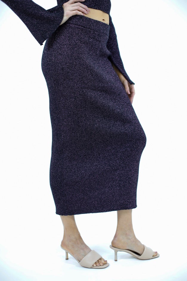 Luxe Ribbed Midi Skirt - Black & Rose Gold Shimmer Knit *Final Sale*