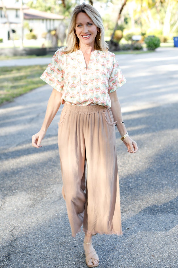 Linen Blend Elastic Waistband Latte