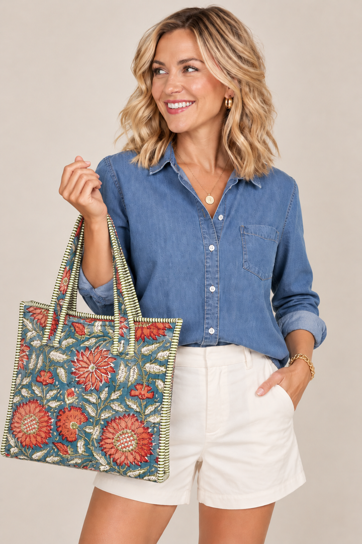 Teal Blossom Quilted Mini Tote