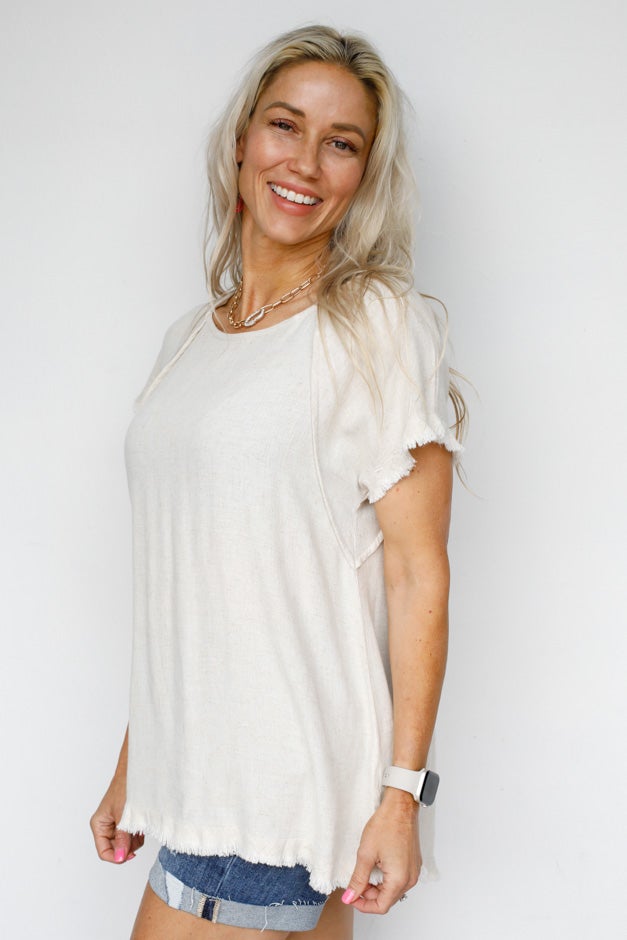 Solid Linen Short Sleeve Top - Seam Detailing & Ruffle Fringe Edges