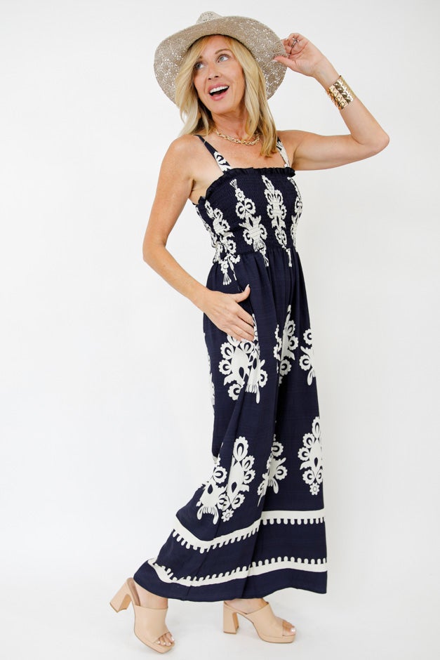 Two-Tone Abstract Smocked Wide Leg Jumpsuit