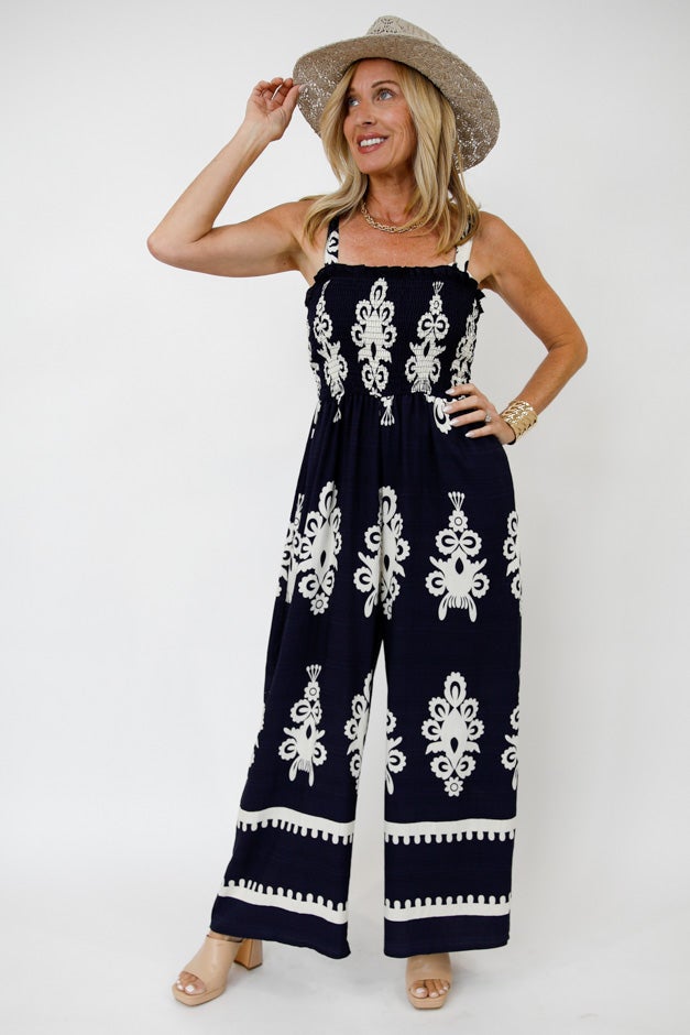 Two-Tone Abstract Smocked Wide Leg Jumpsuit