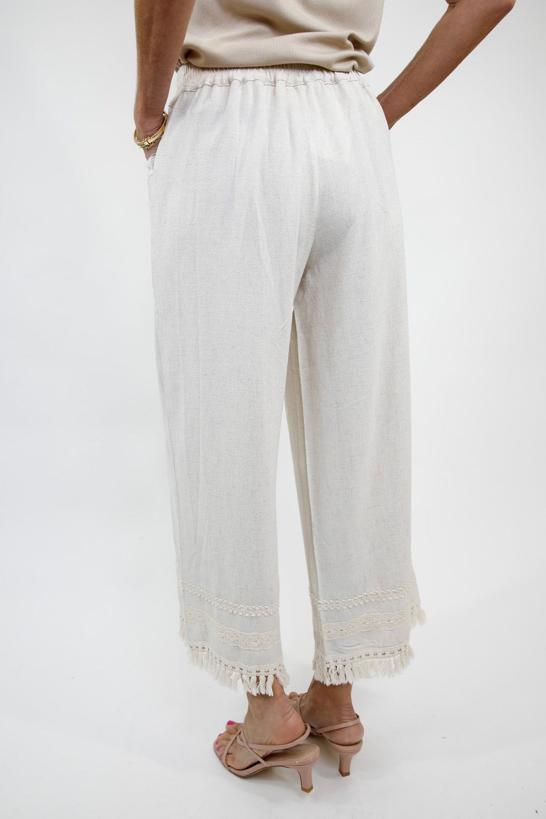 Lace Trim Fringe Hem Wide Leg Pants