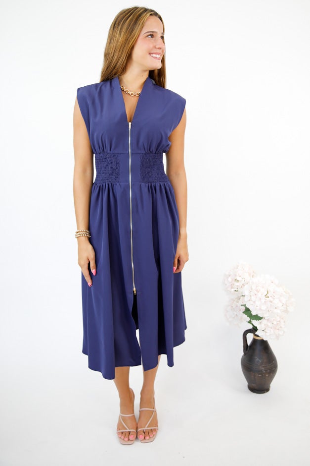 Chic & Sleek Smocked Waist Zip Dress