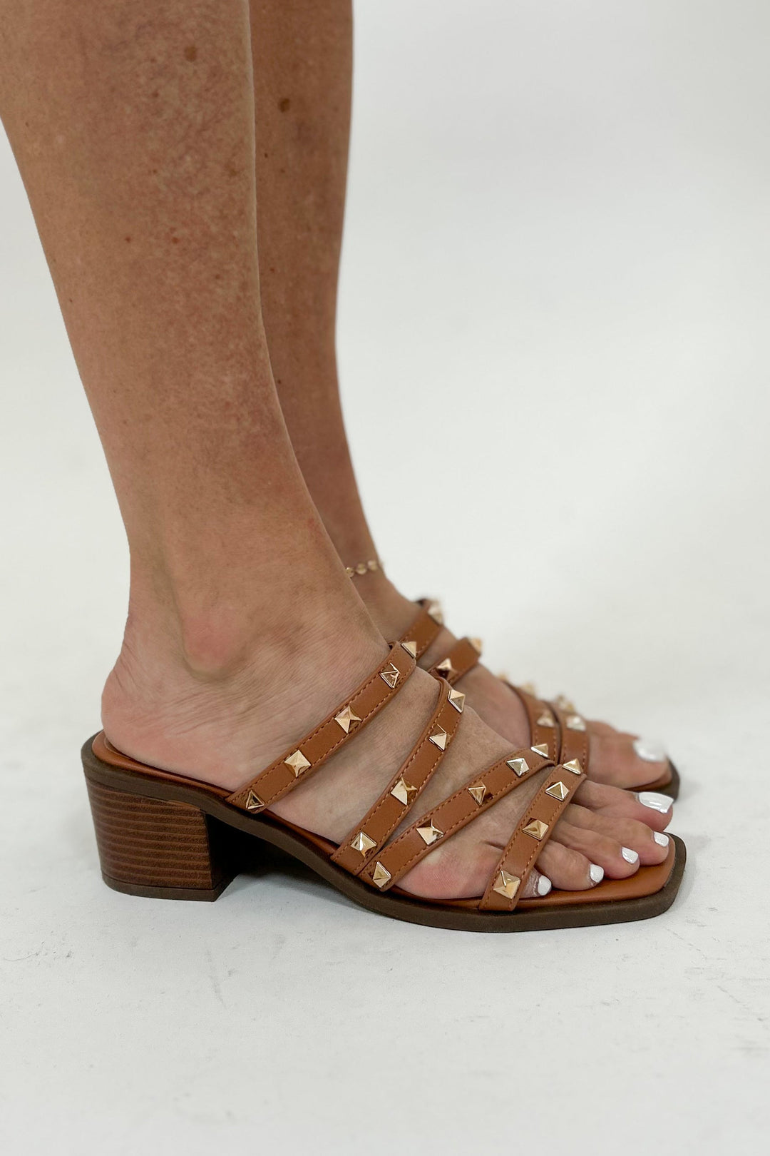 Studded Block Heel Sandal - Trendy Strappy Slip-On with Gold Accents