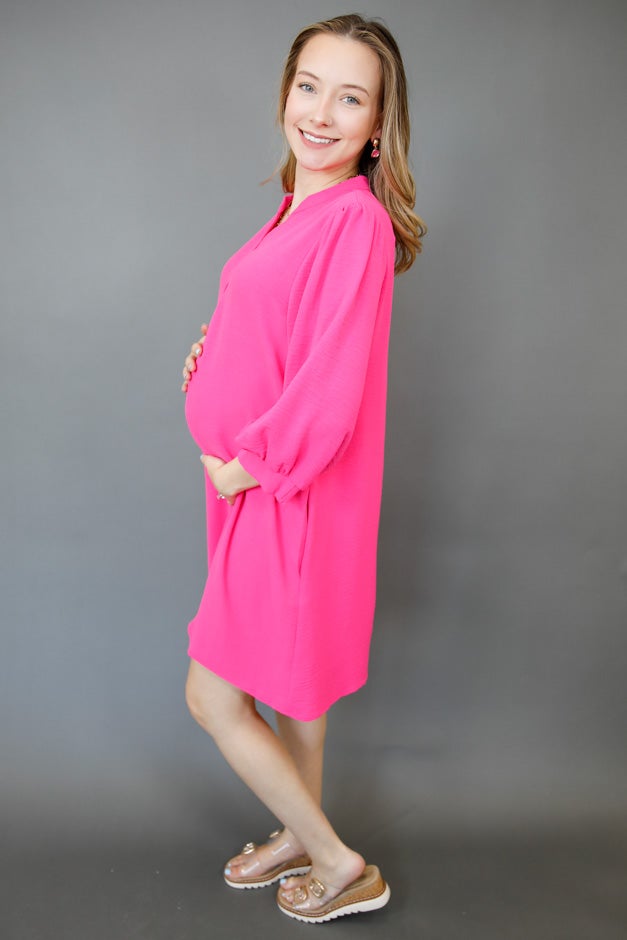 Peasant Sleeve Split-Neck Mini Dress