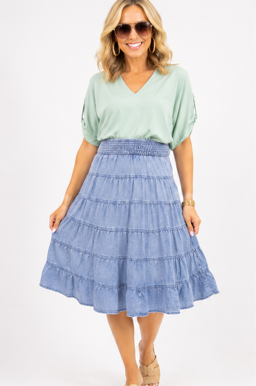 Blue Horizon Tiered Midi Skirt