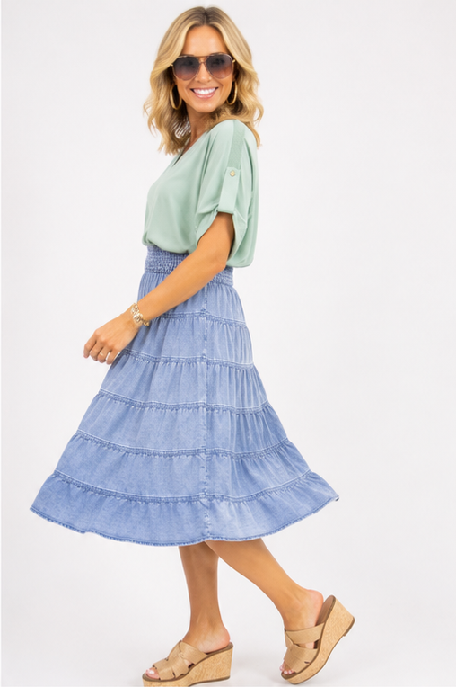 Blue Horizon Tiered Midi Skirt